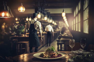 Restaurant background, some customers sitting at the table, and some waiters in the background, generative ai.