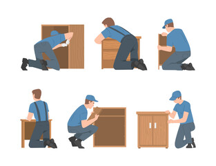 Sticker - Young Man Assembling and Installing Wooden Furniture Vector Set