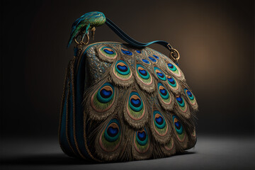 peacock inspired womens bag, purse, isolated background, animals inspired, generative ai