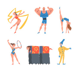 Sticker - Circus Artist Character with Clown, Strongman, and Gymnast Performing on Stage or Arena Vector Set