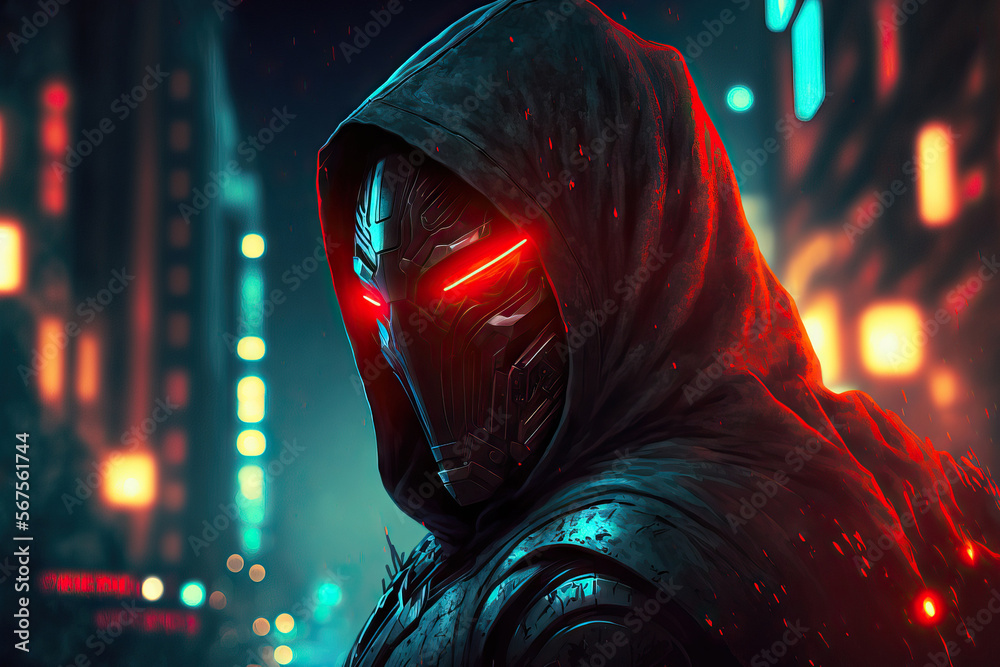 Cyborg head with red light eyes in a hood in a nighttime scene, digital artwork. a dark metal helmet from science fiction. artificially intelligent robot a futuristic soldier in concept art