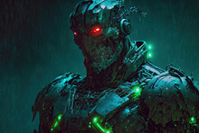 Cyborg With Moody, 80s Blue Green Lighting. Generative AI