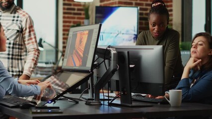 Poster - Women doing teamwork to manufacture component sketch on computer, working with creative software. Engineering artists analyzing project to create gaming content in agency office.