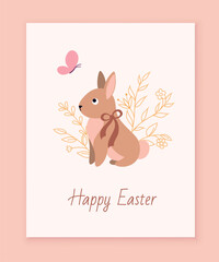 Wall Mural - easter card concept. bunny sits next to foliage and looks at butterfly. traditions and religion, cul