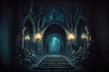 underground lair or dungeon, abandoned cellar ruins for fantasy adventure table top role playing game setting. creepy and foreboding entry way where monsters may live. Generative AI. 