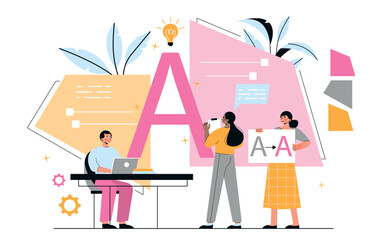 Poster - Concept of rebranding. Creative individuals design logotype for company or organization. Teamwork and partnerships, graphic designers and freelancers. Cartoon flat vector illustration