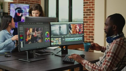 Poster - Digital footage editor working on video production at multi monitor workstation, creating professional content. Video editing artist using cinematography software to edit film or movie montage.