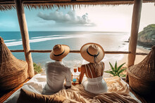 Couple In Love Chilling And Enjoying Beautiful Views Over The Ocean, Paradisiac Tropical Beach, With Straw Hats, Sunday Vacation Morning Ai Generative