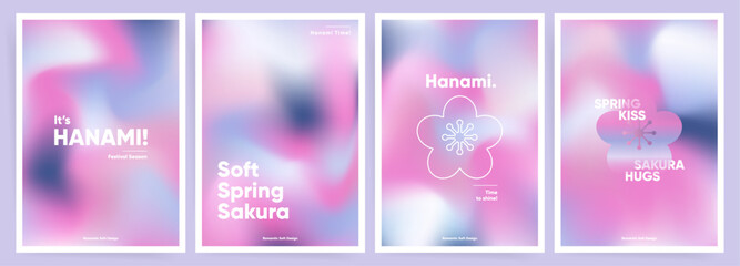 Wall Mural - Set of Hanami Spring posters or postcards. Pink cute gradient Japanese Spring art design. Invitation, book or magazine cover, greeting card templates with futuristic gradients. Sakura wave layout set.