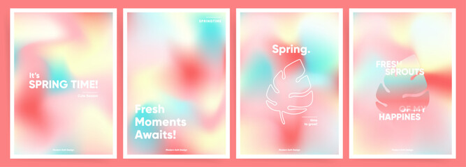 Wall Mural - Set of spring posters or postcards. Mesh gradient neon rainbow art design. Invitation, book or magazine cover, greeting card templates with colorful spring gradients. Wave gradient layout set.