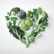 Oil painting style, group of green vegetable be arrange in heart shape on white background. Healthy love food. Vegan lover.