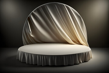 Eggshell white silk satin draped showcase, round product display platform with silky fabric curtain background, 3d illustration for design, mockup, template