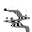 Hypnotic optical vector illustration. Multidimensional waves flowing out of a mug, with palm trees, birds, and 