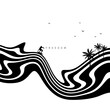 Hypnotic optical vector illustration. Multidimensional sea waves with a surfer, palms, birds, and 