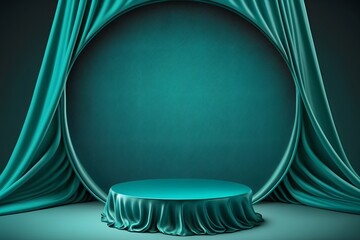 Teal silk satin showcase, round product display platform with silky fabric curtain circle background, 3d illustration for design, mockup, template