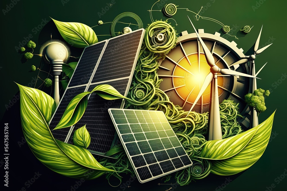 Renewable energy background with green energy as wind turbines and solar panels. green energy concept energy sources sustainable Ecology Elements Generative AI