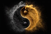 Golden And Black Yin Yang Symbol With Floating Powder On Black Background. Abstraction, Buddhism, Hinduism, Symbol, Religion, Balance Concept. Generative AI