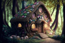 House Made Of Candy In Enchanted Forest Of Fantasy World, 3D Illustration, AI