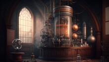 Steampunk Lab, Old Science Laboratory With Steam Engines, Digital Illustration, AI



