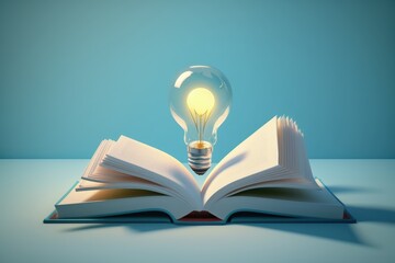 Open book with light bulb, concept of creativity and innovation, blue background, 3D illustration, AI
