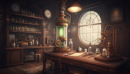 Wall Mural - Steampunk lab, old science laboratory with steam engines, digital illustration, AI



