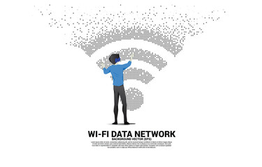 Poster - Silhouette businessman wear VR glasses with wi-fi mobile data icon with one and zero binary code matrix. Concept for data transfer of mobile and wi-fi data network.