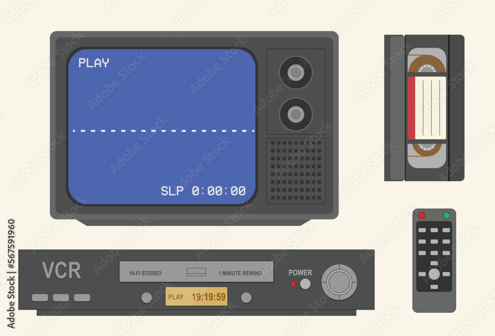 Vector de Stock retro tech with tv vcr vhs and remote 90s nostalgia ...