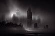© Fantastic - a black and white photo of a city skyline in the fog with skyscrapers in the distance and fog in the air, with a dark sky in the background, and a low layer of fog. Generative AI