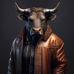 Bull wearing a human leather coat. Generative AI.