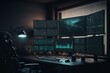 Dark room with many screens as a trading setup with charts on the screens. Generative AI.