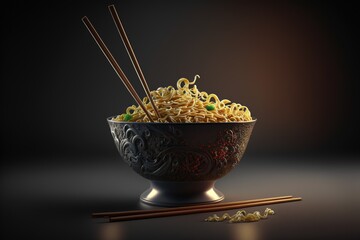 Wall Mural - Noodles and chopsticks in bowl. Generative AI.