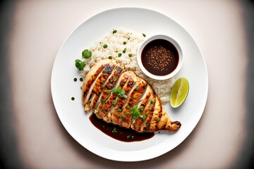 Wall Mural - Grilled chicken with rice and chili sauce. Generative AI.