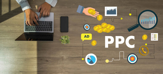 Poster - ppc - pay per click concept businessman working concept, social network, seo