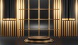 © Thares2020 - 3d render of abstract realistic studio room with Luxury round pedestal stand podium with golden glitter in shape backdrop. Luxury black friday sale scene for product display presentation background
