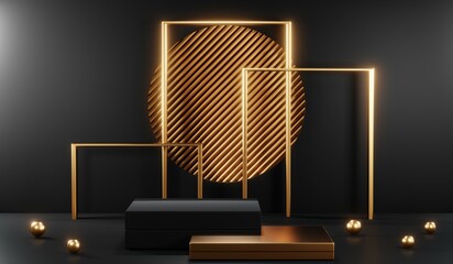 Poster - 3d render of abstract realistic studio room with luxury round pedestal stand podium with golden glit