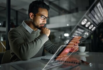 Overlay, night and businessman reading on a tablet, website research and digital marketing online. Data, internet and Asian worker working on technology for information during overtime in the dark