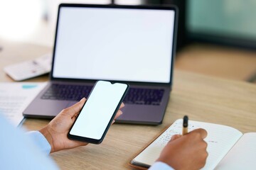 Poster - Hands, phone or laptop mockup for notebook writing worker on budget, finance or insurance accounting app in business office. Zoom, black woman or technology screen mock up for financial fintech logo