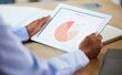 © Lou W/peopleimages.com - Business woman, hands or tablet screen of data analytics, global growth research or target audience management. Zoom, worker or employee on technology of marketing statistics, kpi or pie chart review