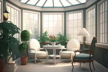 Wall Mural - Sunroom interior, 3d render. Generative AI