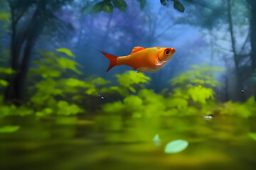 Wall Mural - Orange fish floating in a green forest. Wallpaper, background. Generative AI