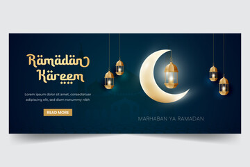 Wall Mural - Ramadan kareem horizontal greeting banner with moon and lantern illusration