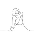 woman sitting on the floor cowering alone - one line drawing vector. concept sad, miss someone, depression, loneliness, mental problems