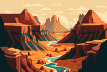 Grand Canyon. Desert Landscape With Mountains And River. Vector Illustration In Flat Style