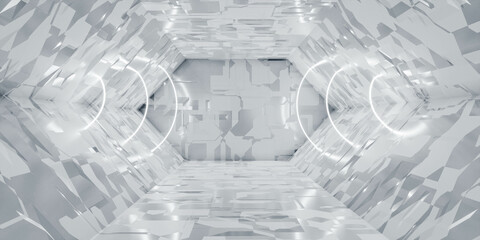 Poster - bright metal surface industrial tube basement hall with white lights and reflections 3d render illustration