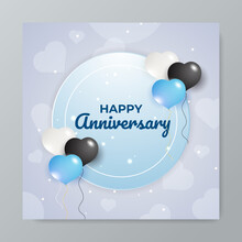 Blue Happy Birthday Anniversary Thank You Greeting Card Square Background. Vector Illustration. Romantic Background With Cute Love Balloon Flag Sale Banner Template, Greeting Card. Place For Text.
