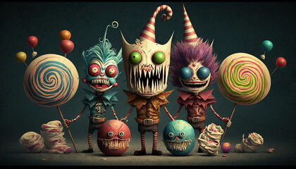 Wall Mural - a group of candy demon inmates of the asylum of candyland demons, colorfull, smiles, fun