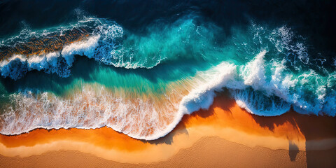 Top view of ocean waves on sandy beach landscape. Incredibly beautiful seascape background. Post-processed digital AI art