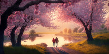 Lovers At Dawn Walk Along The River Between Peach Trees Blooming In Spring. Post-processed Digital AI Art	