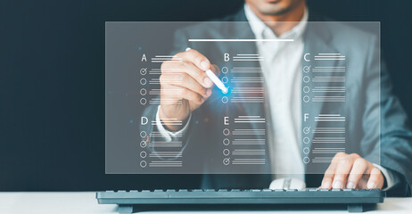 Wall Mural - businessmen use computers and touch on virtual screen contact questionnaires with checkboxes, fill o