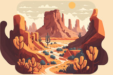 Grand Canyon. Desert Landscape With Mountains And River. Vector Illustration In Flat Style